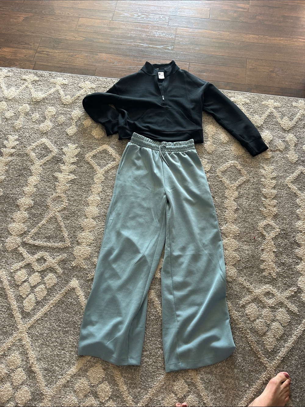 Wide-Leg Drawstring Pants in Dusty Blue and Cropped Black Sweater